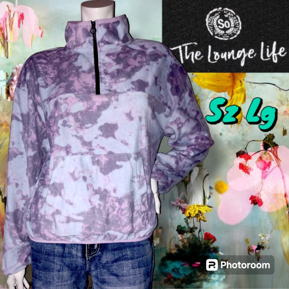 So Lounge Life Marbled Tie Dye So SOFT Fleece Pullover Lilac Blue Pink Sz Large